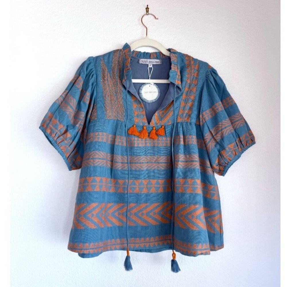 🆕NWT Just Bellina cotton embroidered and beaded tassel top. Blue Orange, Sz Xs